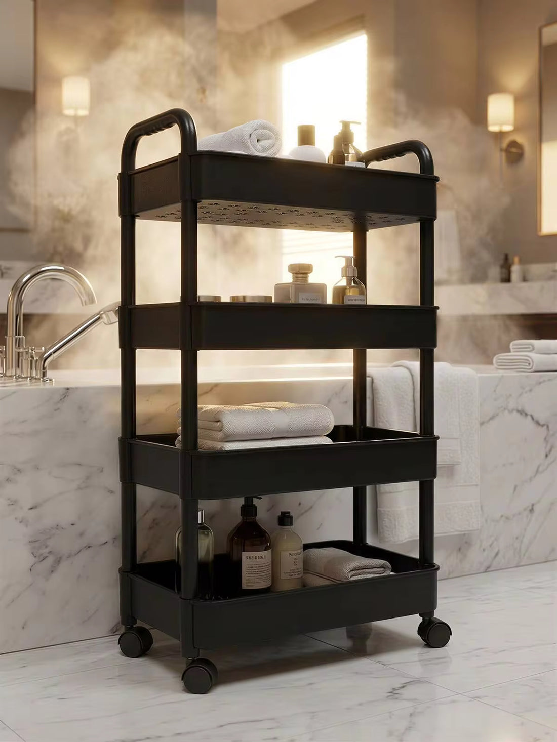 360° Rotating Mobile Storage Cart With Adjustable Shelves, Multi-Tier Organizer Rack For Kitchen, Bedroom, Outdoor Camping, Storage, Room Decor, Kitchen Supplies, Bathroom Accessories