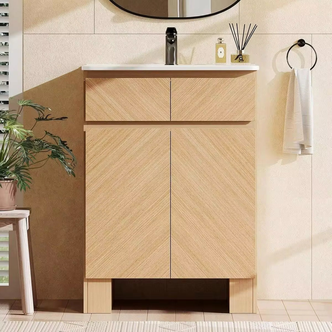 24" Bathroom Vanity With Sink, Freestanding Wood Bathroom Sink Cabinet With Ceramic Basin And Soft-Close Doors, Single Sink Bathroom Vanity, Adjustable Shelves, Easy Assembly, Natural Oak